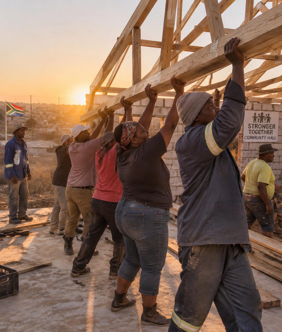 Community members raising a timber roof beam together at the hall site